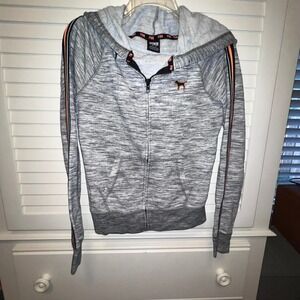 Victoria's Secret PINK Full Zip Hoodie Grey Space Dye Orange Stripe Womens Small